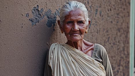 portrait of a serene elderly woman with white hair and traditional attire, standing against a weathered wall, exuding tranquility and wisdom