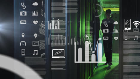 Animation-of-graphs,-icons,-loading-circles-over-asian-technician-with-laptop-checking-data-servers