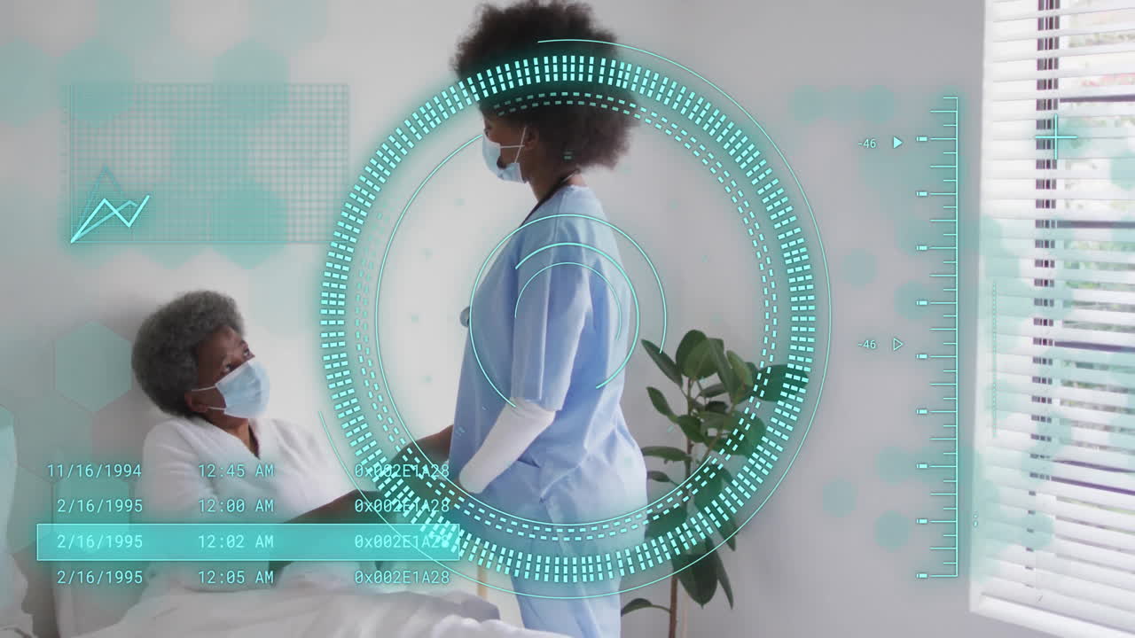 Animation of scope scanning over african american female doctor and patient in hospital