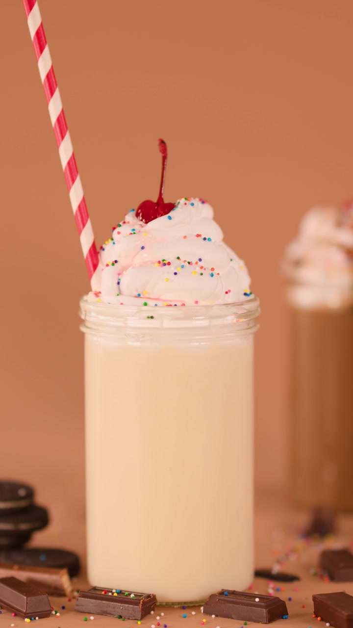 Close-up vanilla milkshake with whipped cream and cherry as hand inserts striped straw, warm lighting
