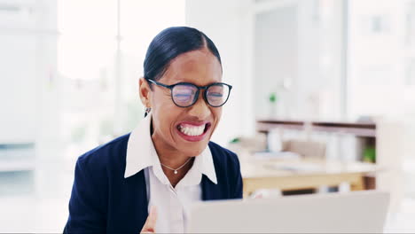 laptop, scream and business woman celebrate