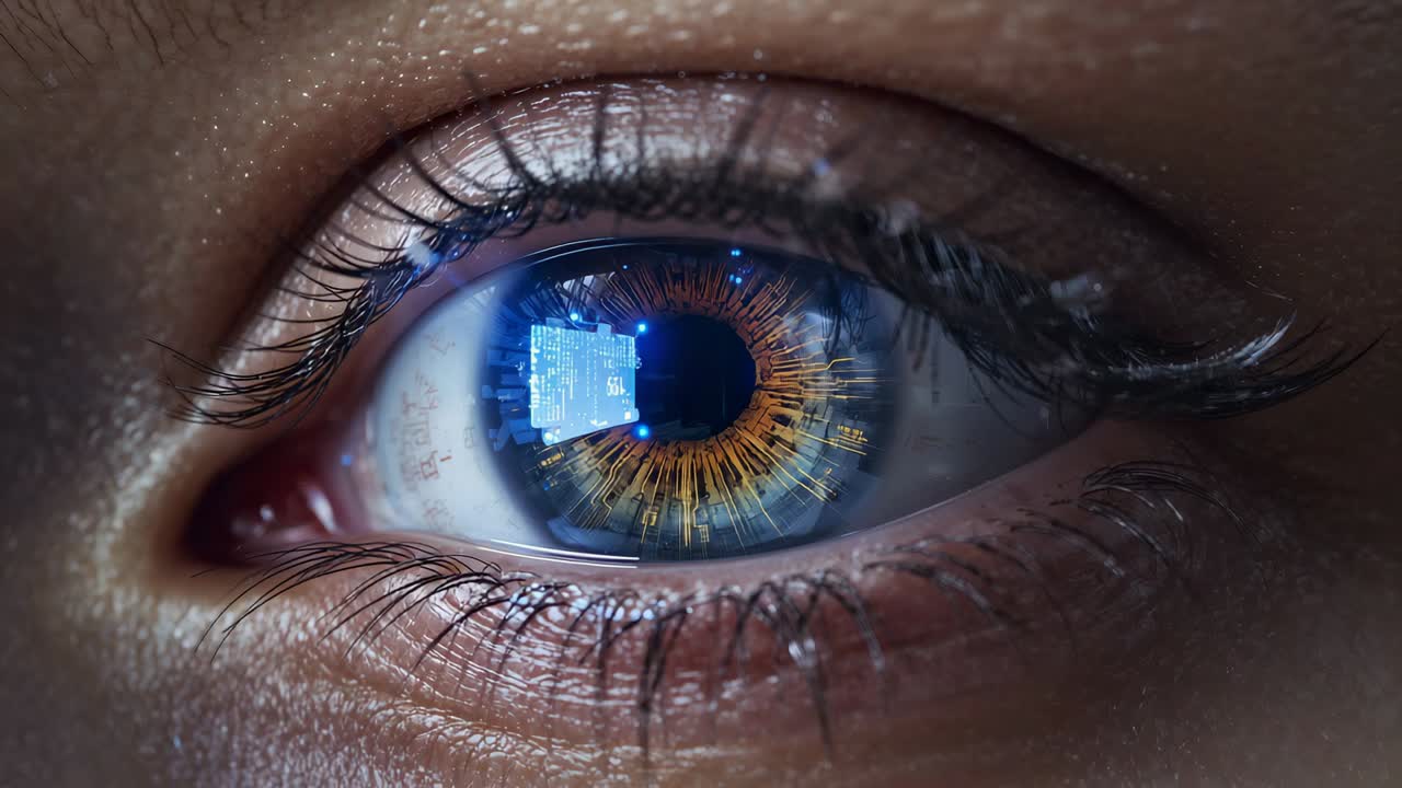 Showing woman's eye holding open in close-up while blue rectangle appearing, iris glowing cyan grid
