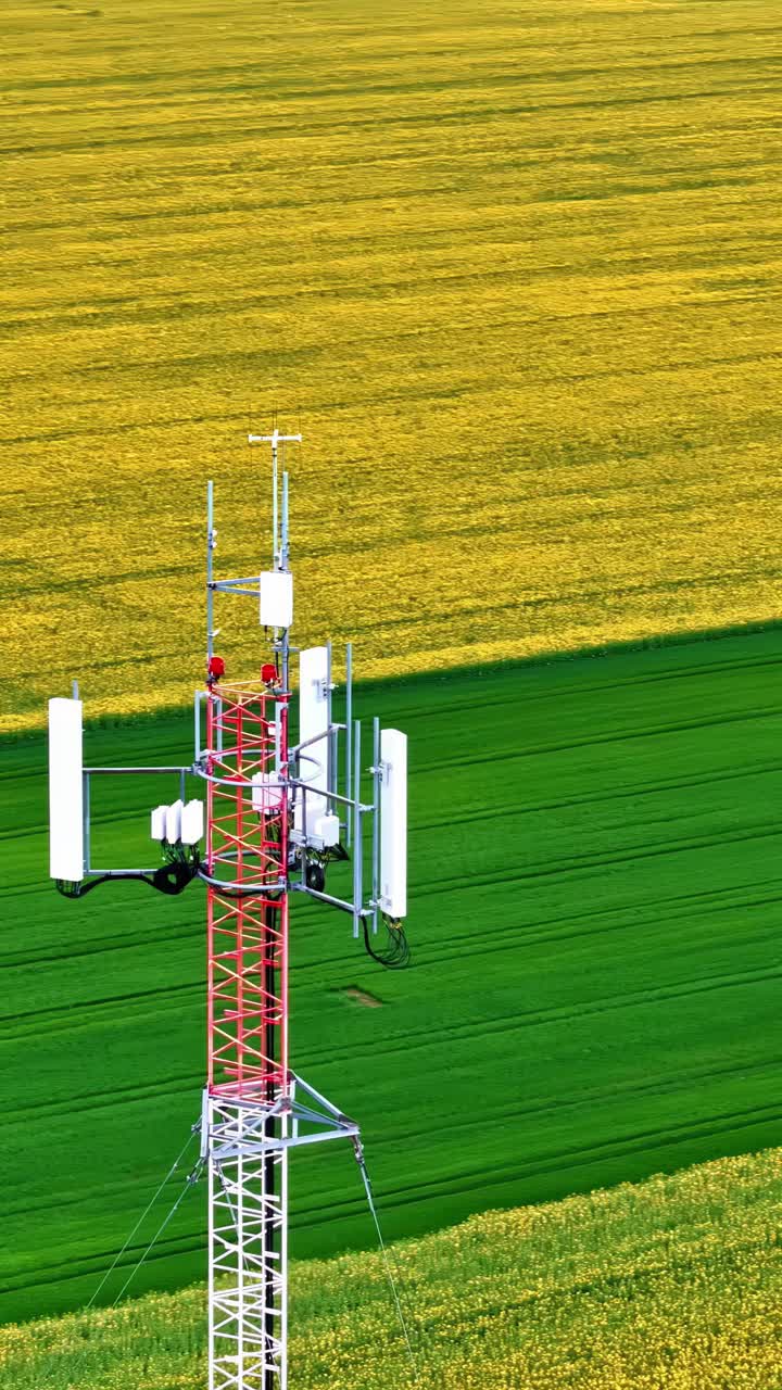 Aerial pan shot capturing telecommunication towers on countryside farms during daytime. Vertical shot.