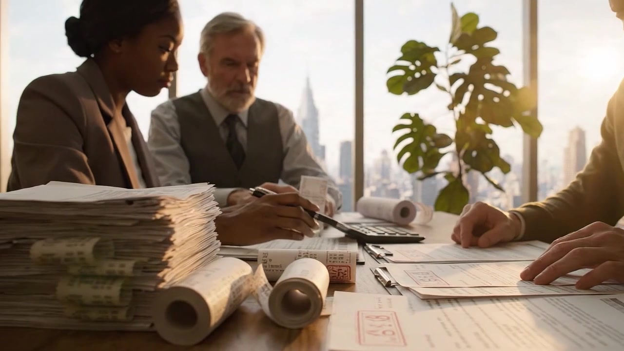 Business Meeting: Professionals Collaborate on Financial Documents with Cityscape View, Discussing Plans and Analyzing Data in a Modern Office Environment