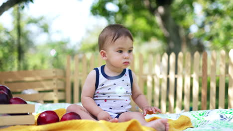 beautiful caucasian toddler boy clapping hands looking at soap bubbles. lovely child enjoying time outdoors. blurred backdrop.