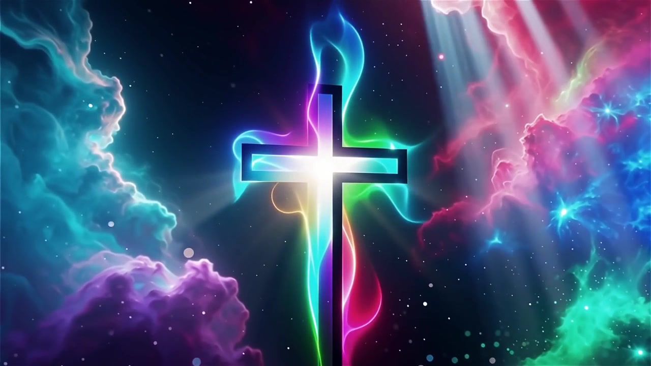 Christliches Kreuz, himmlisches Licht, Anbetungshintergrund.