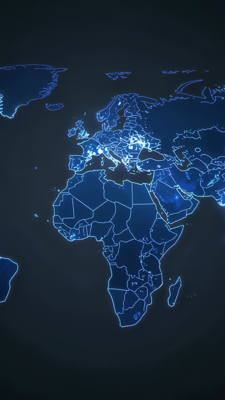 Vertical video: Camera shifting neon map zooming Europe on studio, pulsing nodes showing links