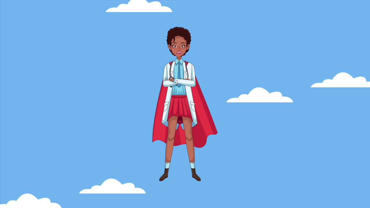 afro mujer heroica super doctor personaje animado
