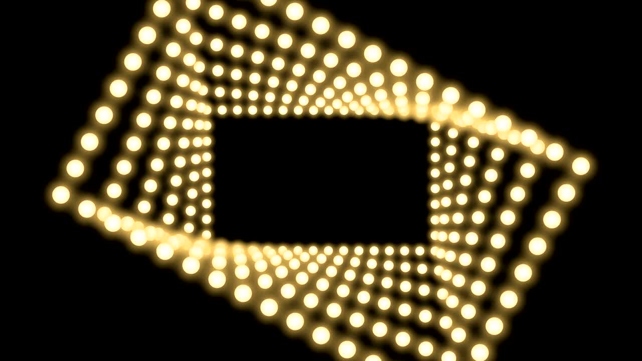 Tunnel Incandescent light bulb box frame rectangle shape swirl rotate moving pattern, retro 3D virtual style illustration glow in dark background seamless looping animation 4K, with copy space