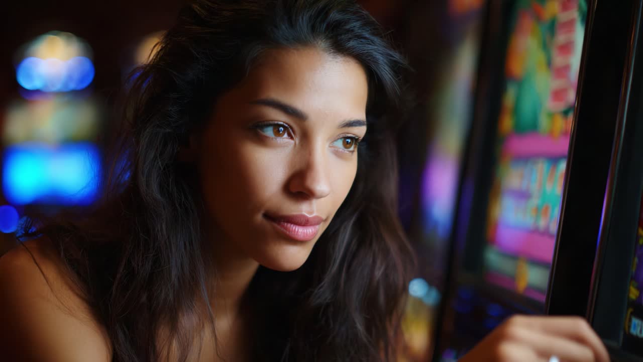 Una donna concentrata, immersa nel mondo colorato delle slot machine, che mostra concentrazione e attesa in un vivace ambiente di gioco