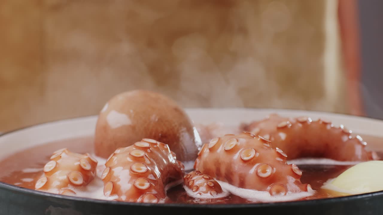 Octopus cooking, chef Boiling fresh octopus on restaurant kitchen, healthy food, seafood cafe in spain, traditional asian japanese spanish and mediterranean dish.