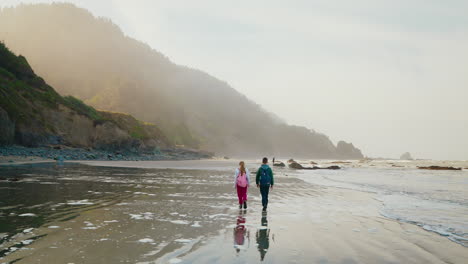 two people walking on a misty beach along a scenic coastline
