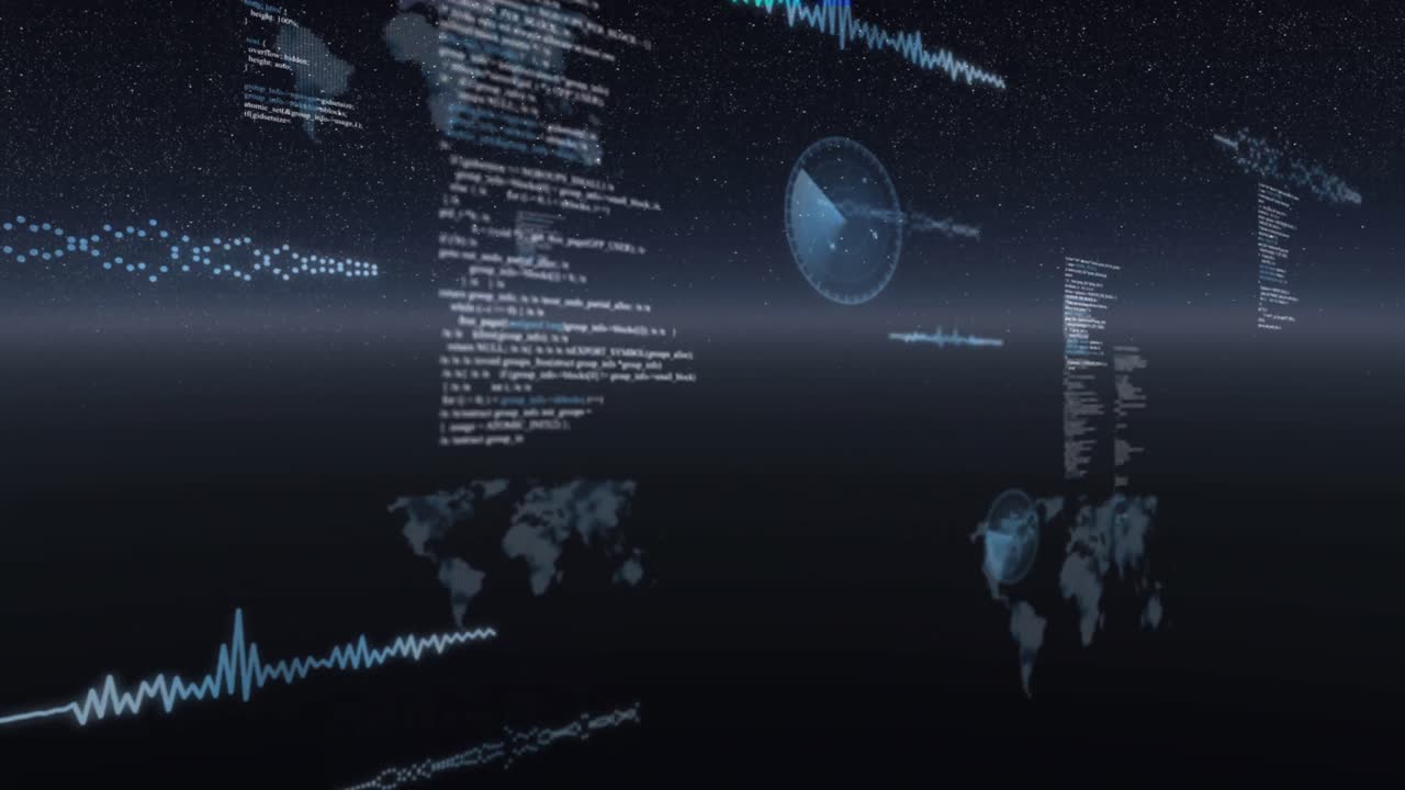 Animation of data processing, world maps and statistics recording over universe