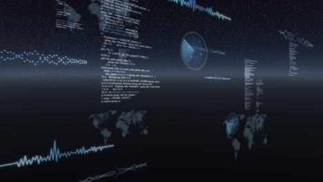 Animation-of-data-processing,-world-maps-and-statistics-recording-over-universe