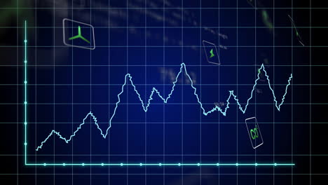 animation of financial graph fluctuating with digital icons on blue grid background