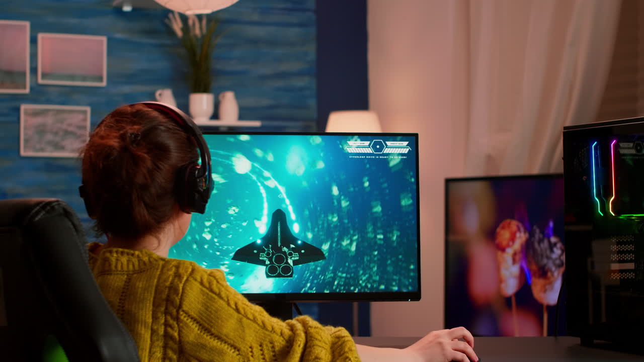 Professional eSports woman playing space shooter video games