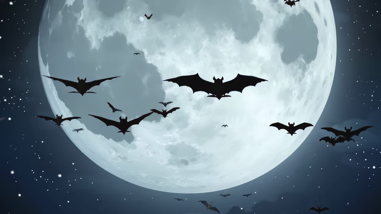 Multiple bats flying across full moon in a dark night sky. Perfect spooky Halloween background for horror projects.