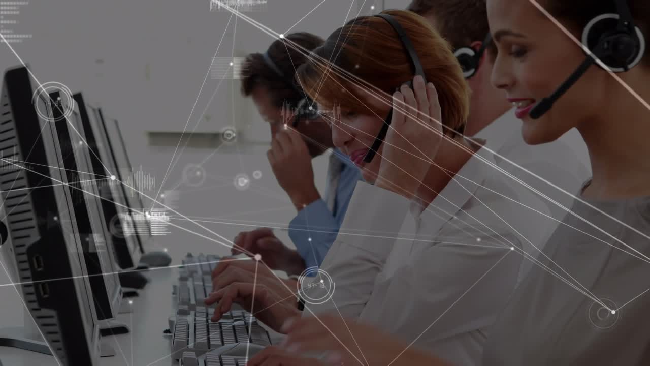 Animation of network of connections and world map over business people using phone headsets