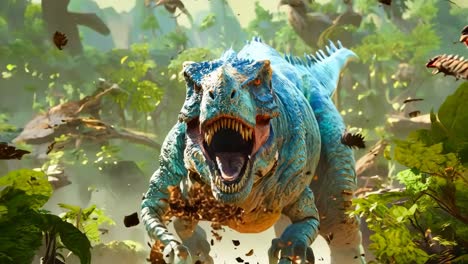 un dinosaurio azul con la boca abierta en el bosque