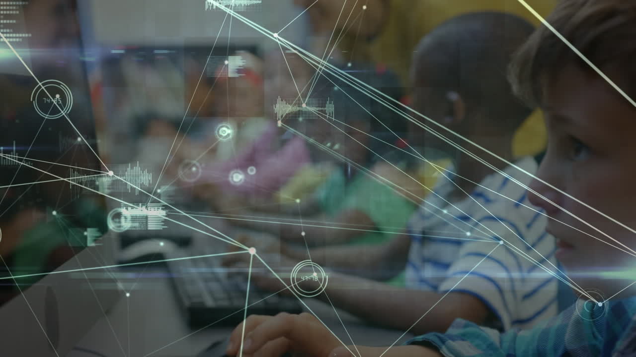 Animation of networks of connections over diverse schoolchildren and teacher in classroom