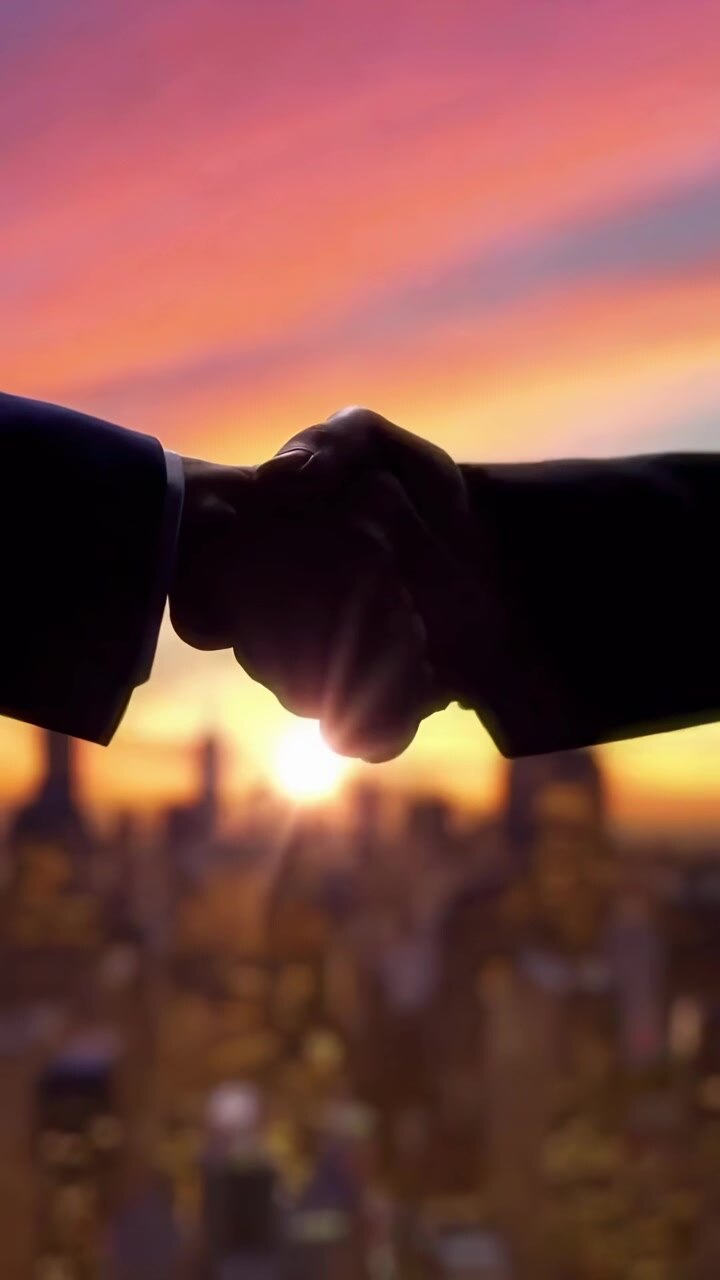 Sagome di professionisti che si stringono la mano al tramonto in città