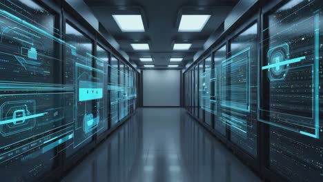 futuristic data center with holographic interfaces