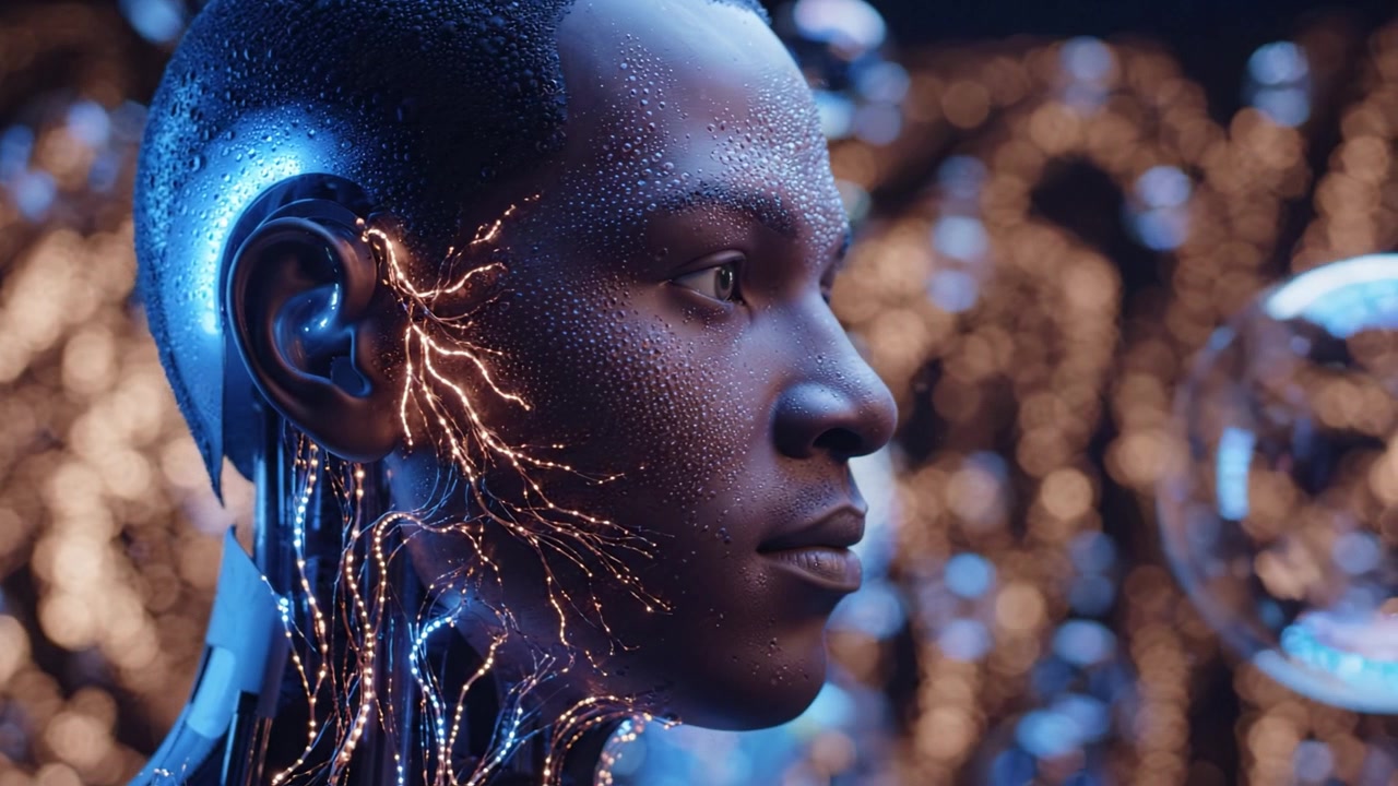 A futuristic humanoid robot displaying intricate circuit patterns and glowing features in a mesmerizing background filled with dynamic lights and bubbles.