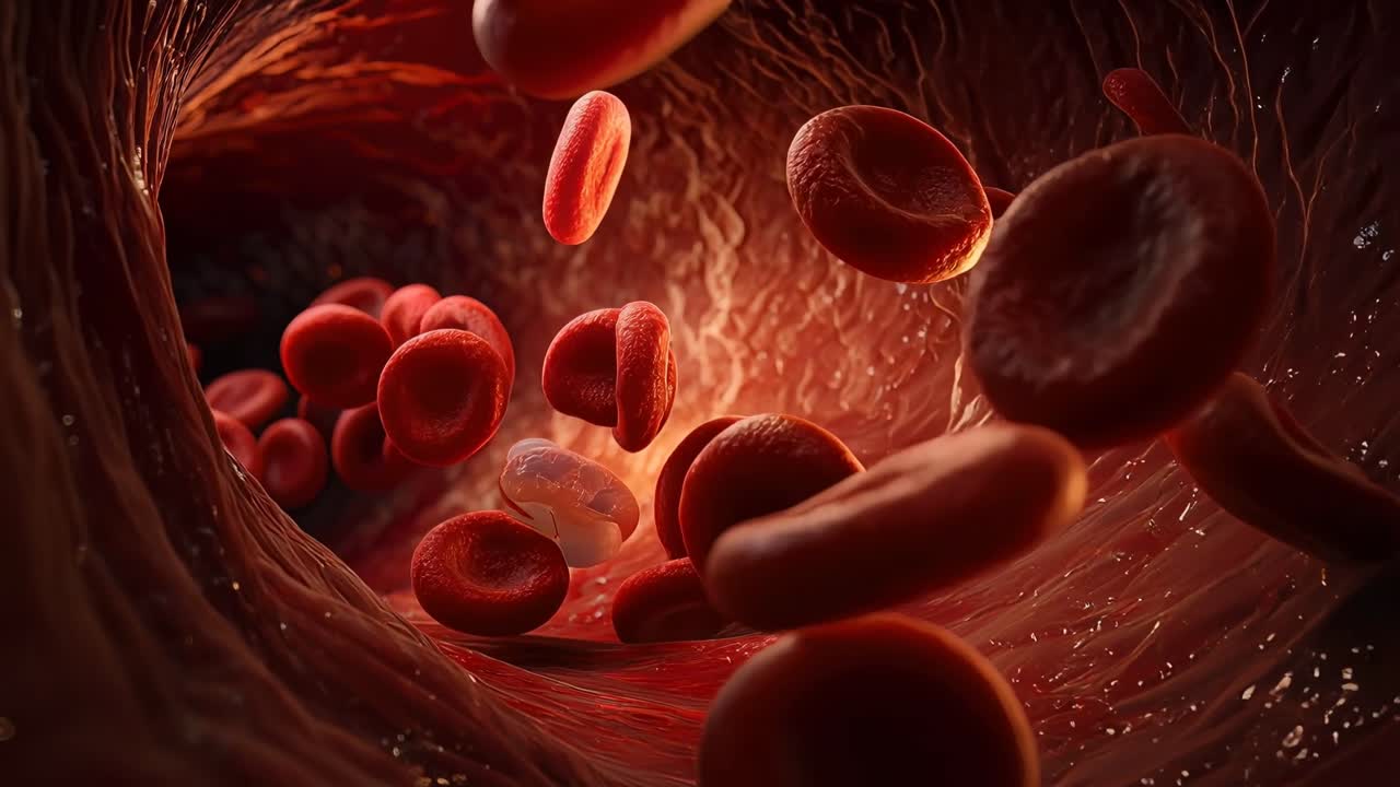 Macro photograph of red blood cells moving through a blood vessel with soft focus and warm light, medical concept of human circulation and health