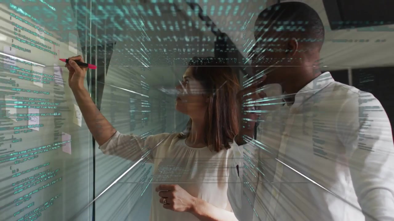 Woman placing pink marker, writing on glass; man pointing, code overlay scrolling for product plan
