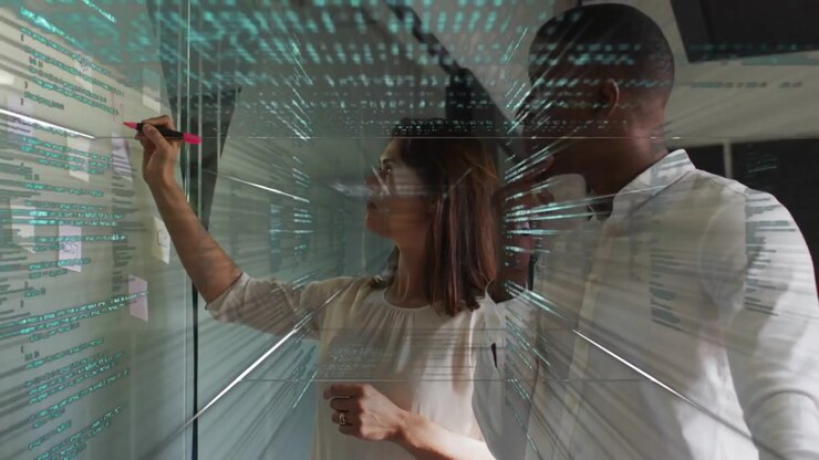 Woman placing pink marker, writing on glass; man pointing, code overlay scrolling for product plan