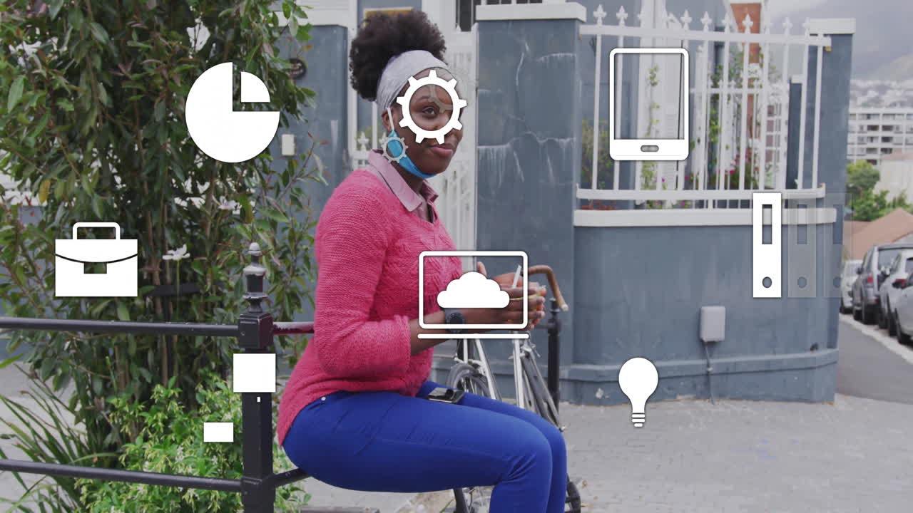 Sitting outdoors, woman surrounded by technology icons and animation elements