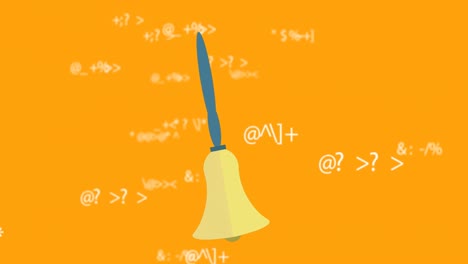 Animation-of-bell-over-mathematical-equations-on-orange-background