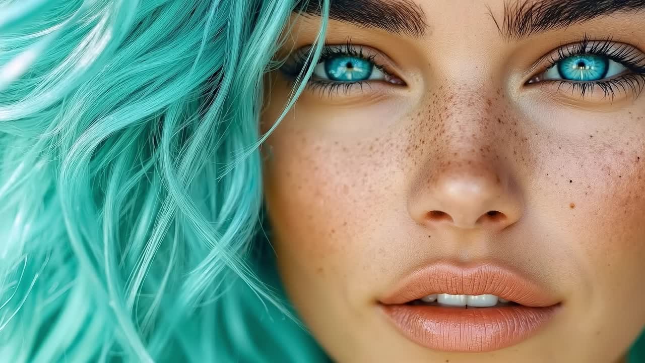 un primer plano de una mujer con cabello azul y pecas