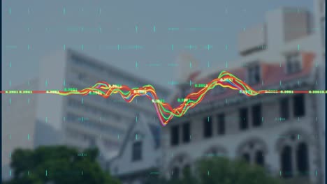 animation of learn more text with lines over buildings and cityscape