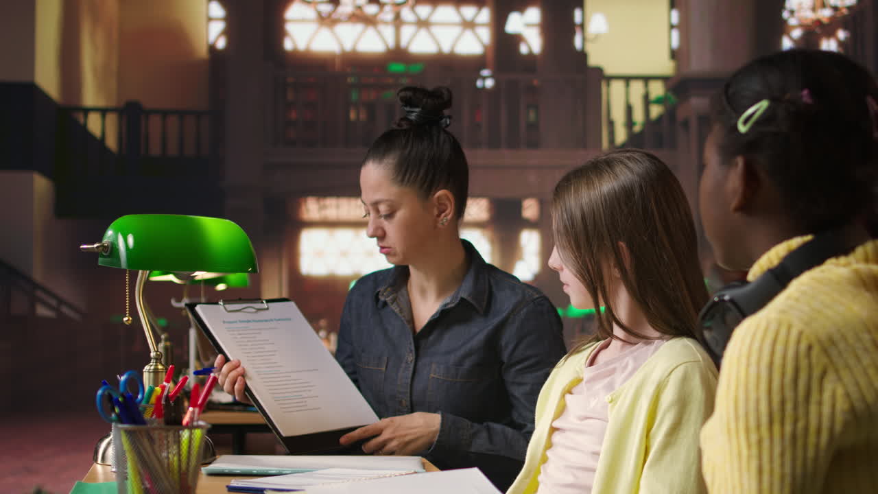 maestro ayudando a los estudiantes en un entorno de biblioteca
