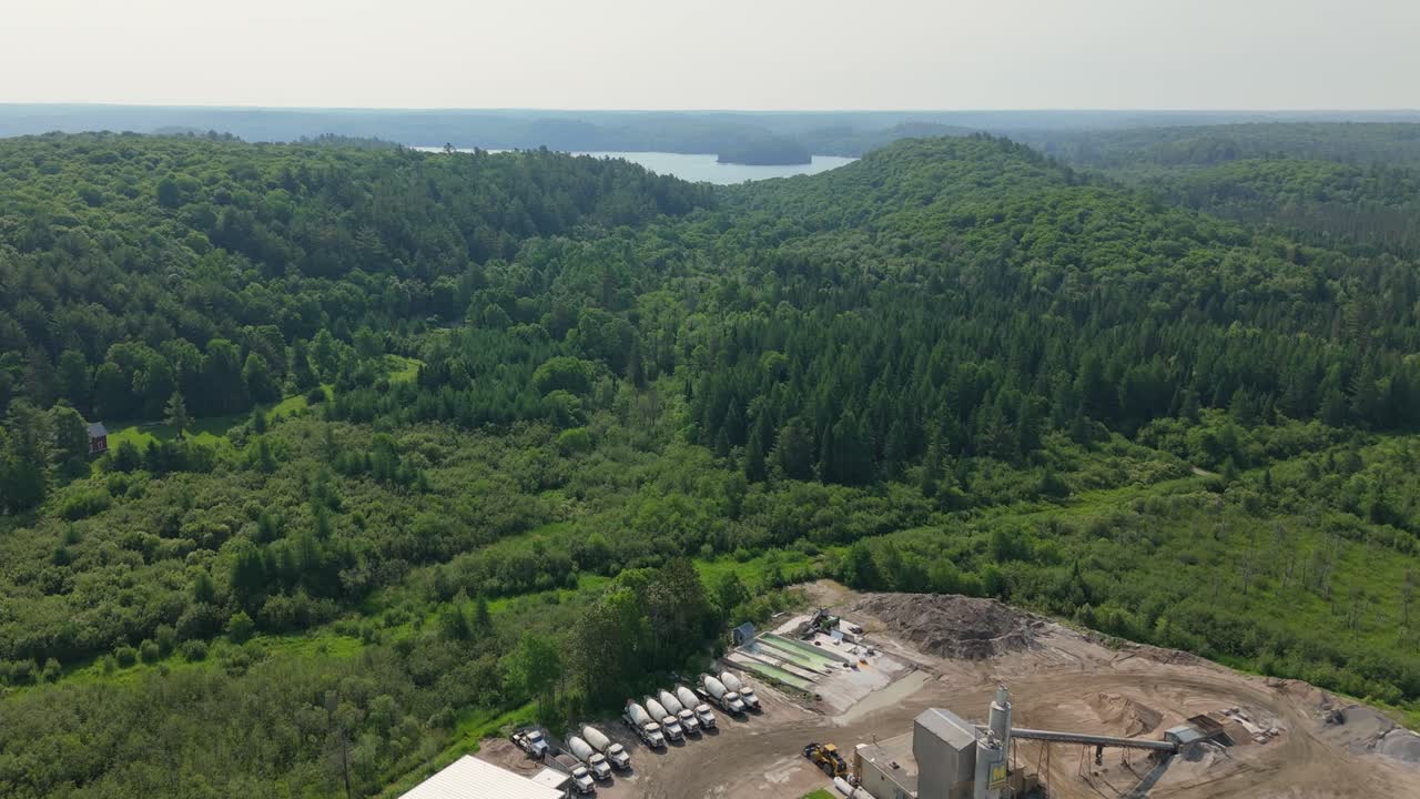 Industrial Concrete Plant , Forest And Lake Landscape In Muskoka, Ontario, Canada