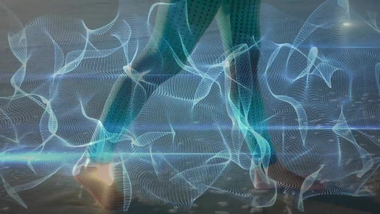 Fitness walker lifting foot across water animating glowing mesh overlay and tracking health metrics