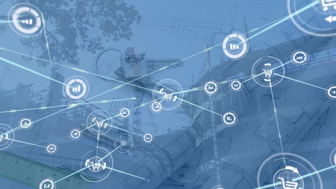 집 열 ⁇ 와 건축가의 도면 위의 아이콘으로 연결 네트워크의 애니메이션