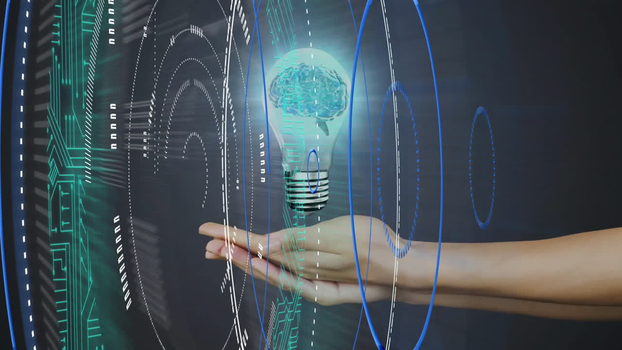 Holding light bulb with brain, hand over digital interface animation