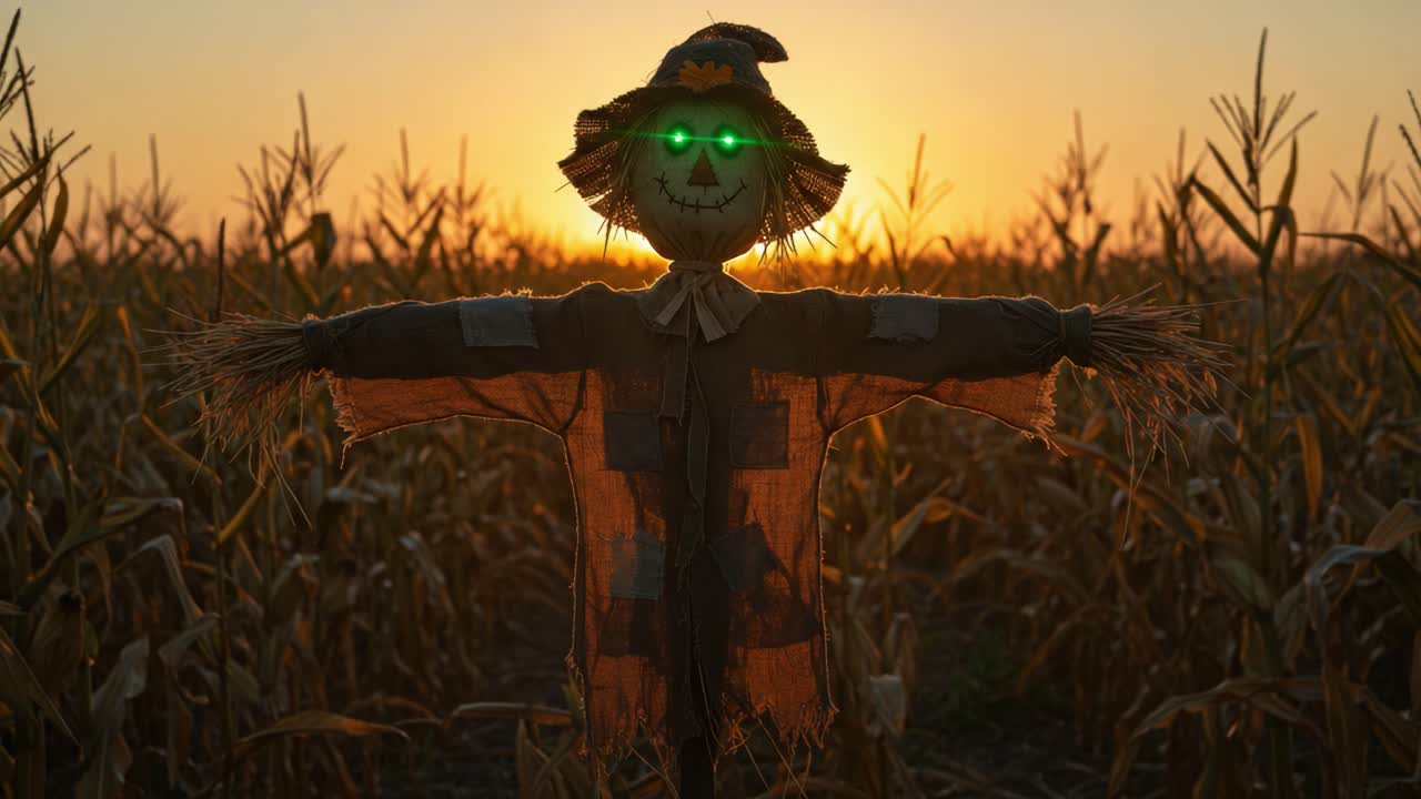 A Spooky Scarecrow with Glowing Eyes Standing in a Cornfield at Sunset, Eerie Atmosphere Enhancing the Harvest Season's Mystique