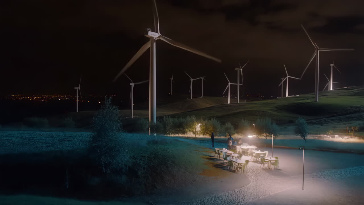Night view of a wind farm with an illuminated outdoor cafe