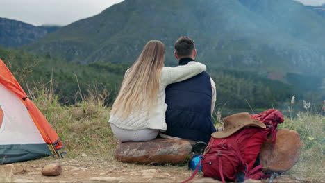 landscape, camping and couple in a hug together