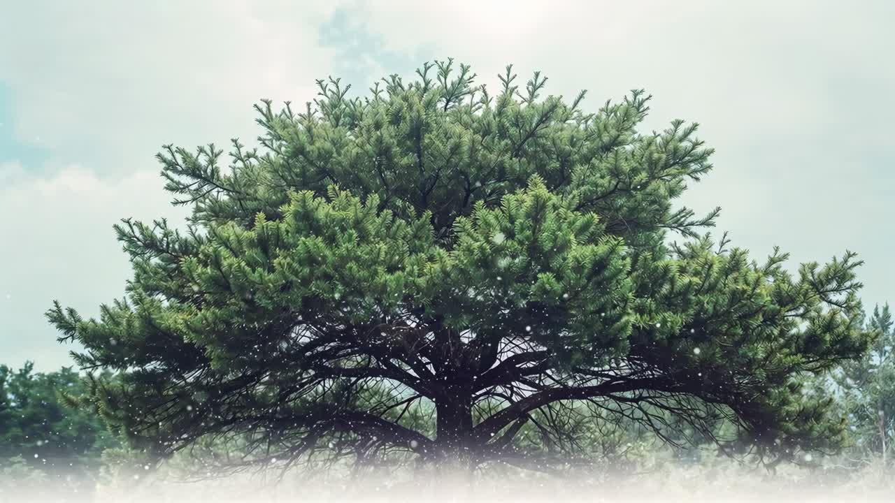 Swaying pine tree in park, bending from light breeze while clouds shifting and showing low mist