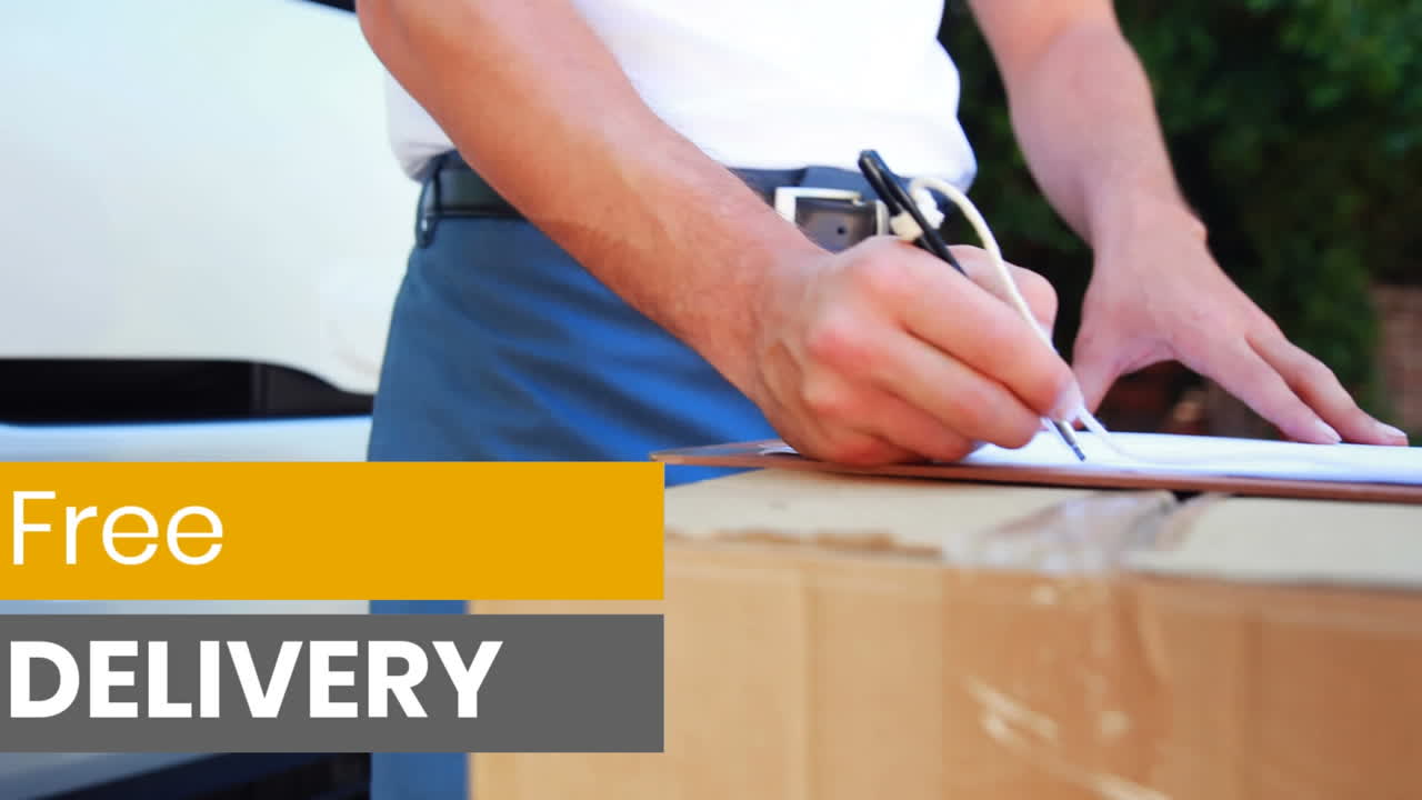 클립보드와 함께 행복한 남자를 통해 무료 배달, 상품을 배달하는 단어의 애니메이션