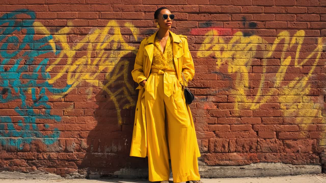 A Confident Individual Dressed in Vibrant Yellow Fashion Attire, Leaning Against a Colorful Urban Graffiti Wall, Showcasing a Unique Blend of Style and Street Culture in a Lively City Environment
