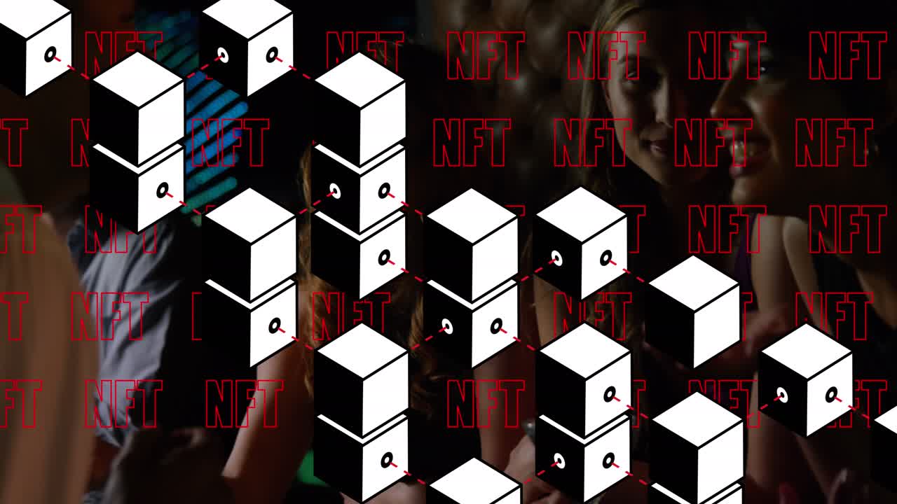 Animation of nft text banners over three diverse female friends talking to male bartender at a bar