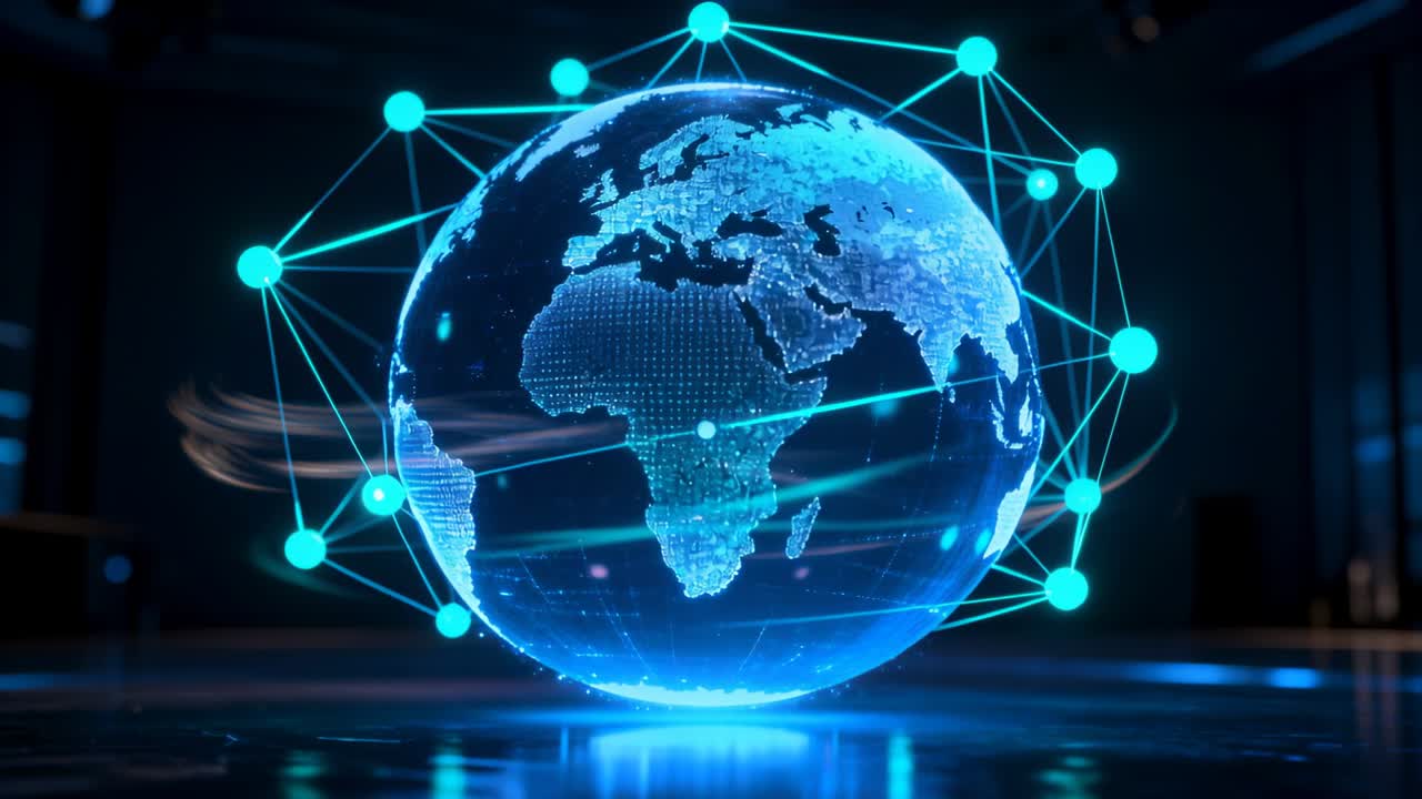 Rotating holographic globe showing dotted lands at demo lab, with glowing nodes and orbital trails