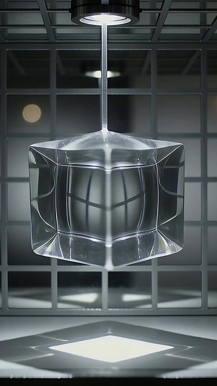 Lodret video: Vipning, roterende glasterning på stang under lampe over tid, med oplyst kvadrat og gitter