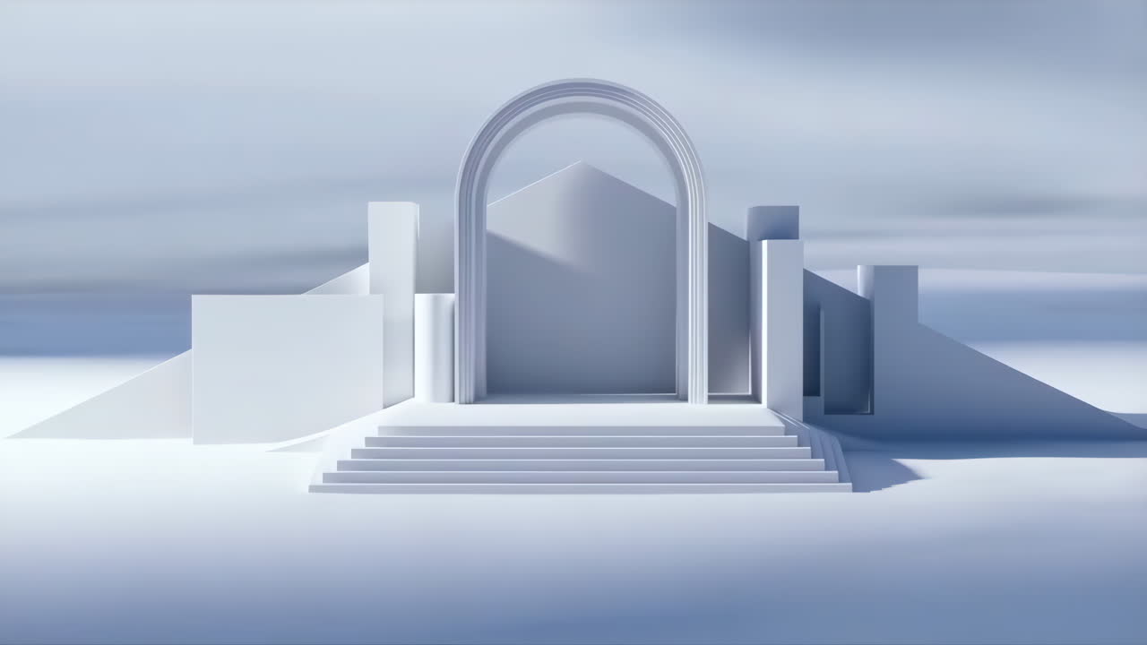 Minimalist White Geometric Architecture with Archway and Steps