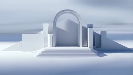minimalist white geometric architecture with archway and steps